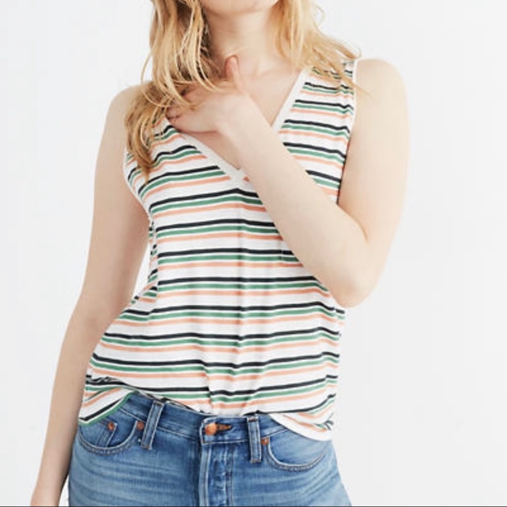 Madewell Whisper Cotton V- Neck Stripe Pocket Tank Top S